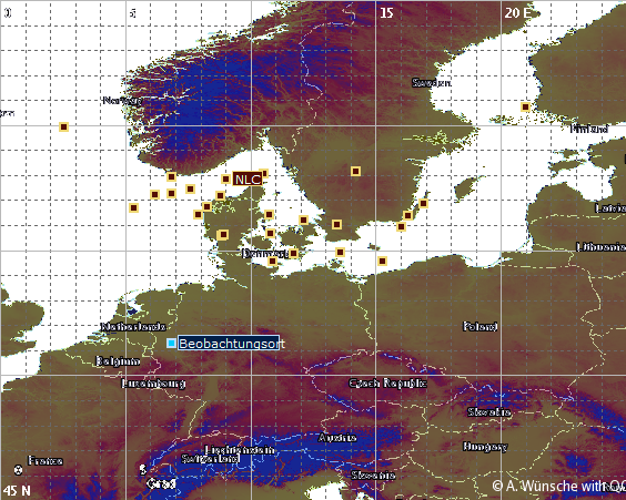 Positionsrekonstruktion der am Abend des 19.07.1996 in Mitteleuropa beobachteten NLCs.
