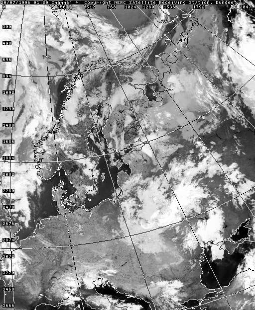Satellitenbild (Infrarot, Ausschnitt) NOAA 14 vom 20.07.1996, 03:20 MESZ